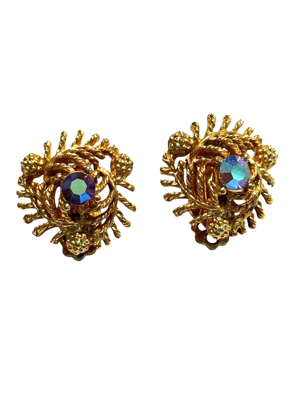 Vintage mid century clip on earrings ornate goldtone & AB center rhinestones